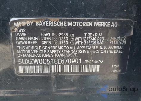 2012 BMW X5 xDrive35D from USA, damaged, VIN 5UXZW0C51CL670901
